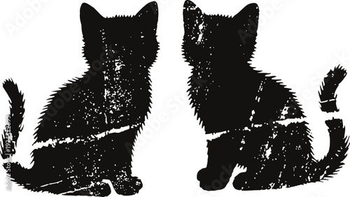 two black grunge kittens sitting side by side, textured silhouette with tail up