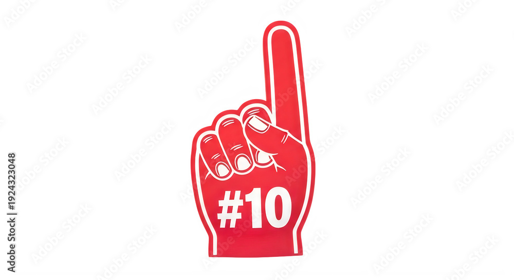 Obraz premium Red foam finger with number ten isolated on transparent background for sports events and fan engagement