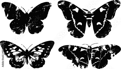 black and white butterfly silhouettes with textured distressed grunge effect, vintage insect wing designs