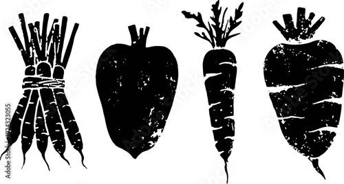 Black silhouette illustrations of carrots in different styles with grunge texture effect