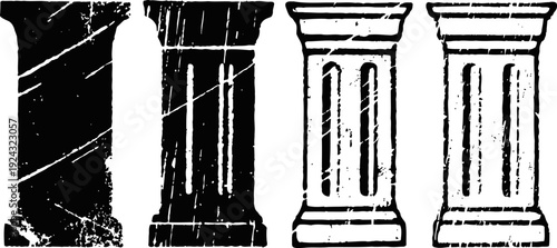 four vintage classical columns silhouettes in different styles and textures isolated on white background