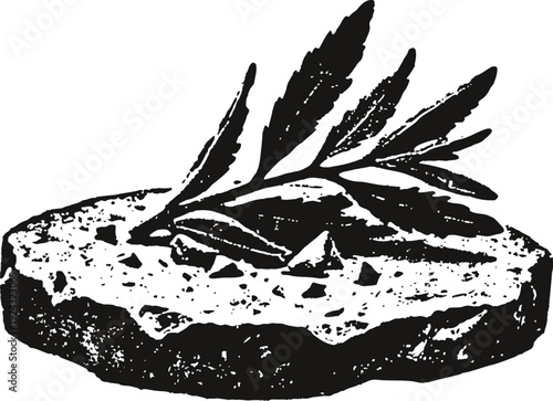 Black and white illustration of toasted bread slice with spread topped with herbs on white background