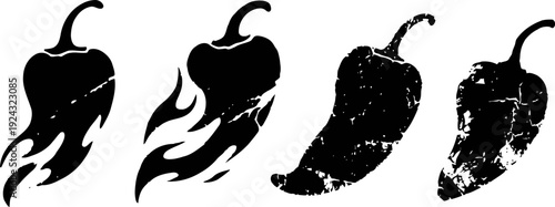 chili pepper silhouette set with flame and distressed texture design elements
