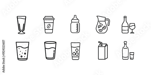 Beverage and drink line icon set with coffee paper cup, milk feeding bottle, juice pitcher, wine glass, soda sparkling water, alcohol shot, cocktail more vector illustration editable stroke.