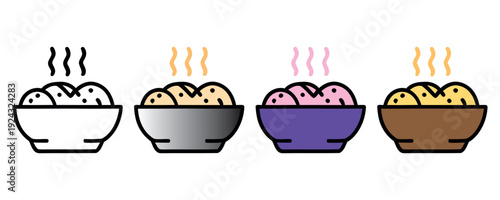 Four steaming hot bowls of soup in colorful ceramic dishes on white background