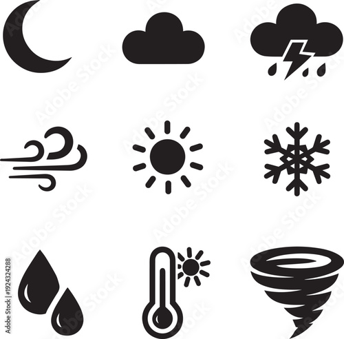 Weather icon set featuring moon cloud storm wind sun snowflake rain temperature and tornado symbols