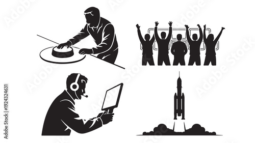 Astronaut Preparing Meal and Celebrating Space Mission Success with Rocket Launch