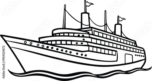 A detailed illustration of a large cruise ship sailing on the sea