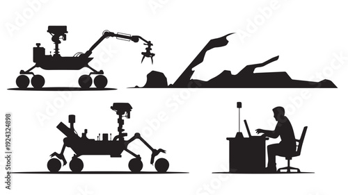 Rover Robot Silhouette Collecting Sample on Planet Surface, Mars Exploration, Space Mission
