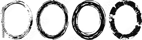 Grunge circular black ink brush strokes rough round frames with textured edges for design and decoration
