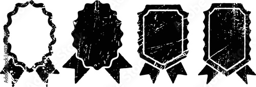 Four vintage black and white grunge award ribbon badges with decorative ribbons