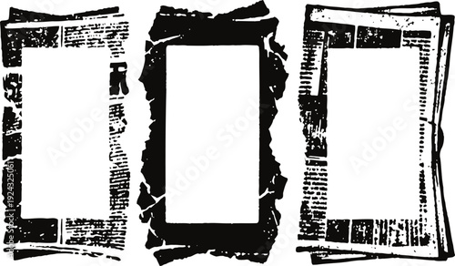 Three vertical torn paper frames with black printed text borders on white background