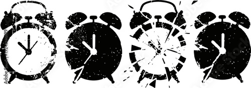 black silhouette of classic alarm clocks showing different conditions and times on white background