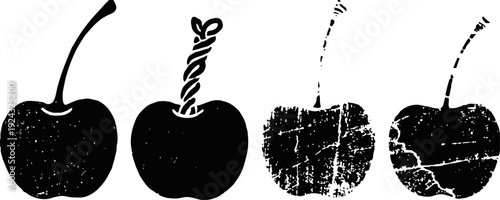 black cherries in various distressed textures and stylized designs with twisted stem