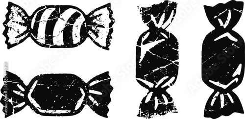 Set of black and white hand drawn candies with wrapper twisted ends isolated on white background