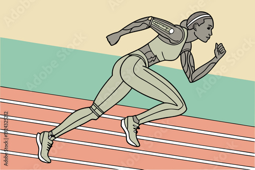 Cyborg Athlete Running on a Race Track Illustration.