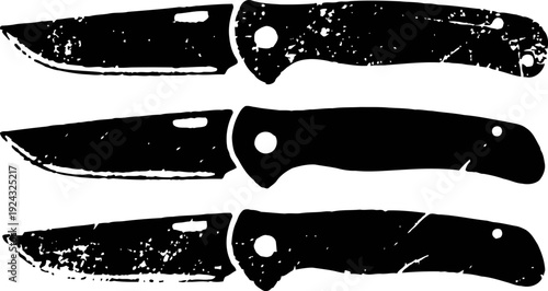 set of three folding knives with black handles and sharp blades isolated on white background
