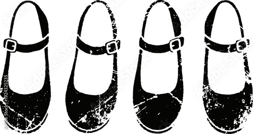 four vintage mary jane shoes silhouettes with buckle straps in a distressed ink texture