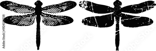 Dragonfly silhouettes with detailed and solid wing patterns in black and white design