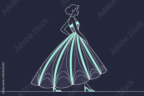 Elegant Woman in Flowing Dress Minimalist Illustration.