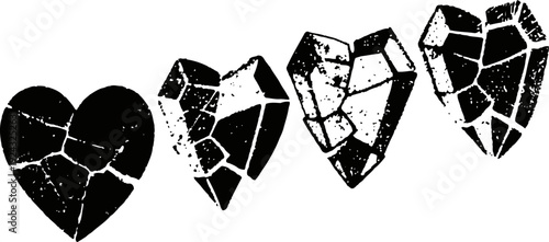 Set of broken black hearts silhouettes distressed cracked heart shapes in progressive stages of fragmentation