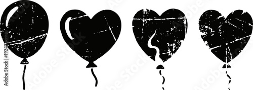 set of black heart shaped balloons with distressed texture and curled strings