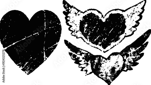 Grunge heart designs with wings vintage distressed tattoo symbols of love, freedom, and romance