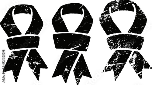 Grunge awareness ribbons set three distressed textured symbolic loop ribbons in black silhouette