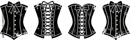 Four black vintage corsets with ribbon bow and lace up design in flat silhouette