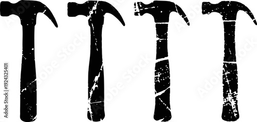 Silhouettes of four worn hammer icons in different angles with scratched textures on white background