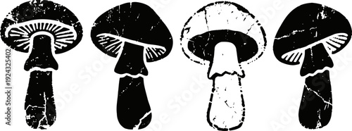 black and white mushrooms silhouette set four different mushroom shapes, natural organic fungi design