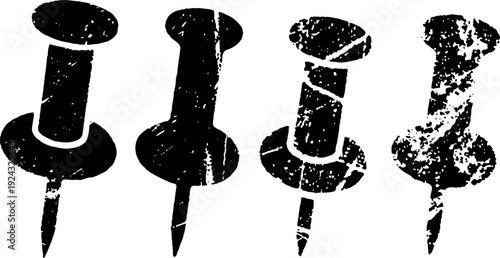 grunge push pin set four distressed thumbtacks with varying levels of texture and wear