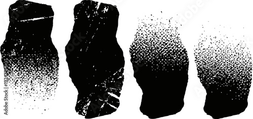 set of four textured brush stroke shapes in black and white, grunge and distressed design elements