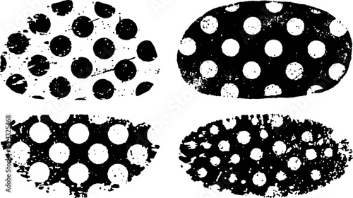 Four black and white grunge oval shapes with distressed polka dot patterns
