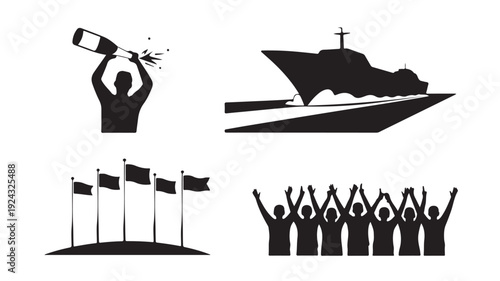 Silhouette of People Celebrating with Flags and Boat, Teamwork and Victory