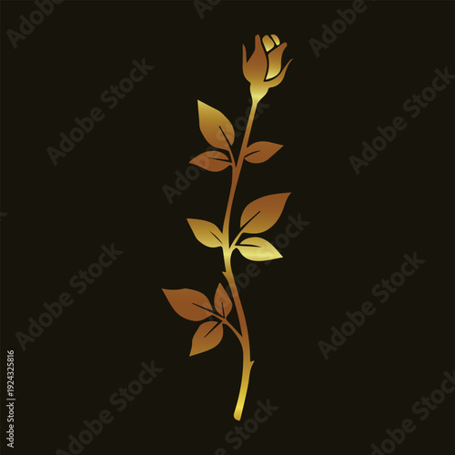 Golden rose art. Luxury floral vec. Metallic flower. Wedding invitation. Elegant rose stem. Gold leaf design. Minimalist botany. Premium branding. Floral silhouette. Rose clip art.