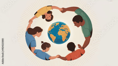 Diverse group of people holding hands around the earth in unity and harmony