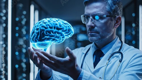 Male medical expert studying virtual human brain projection in advanced data processing facility