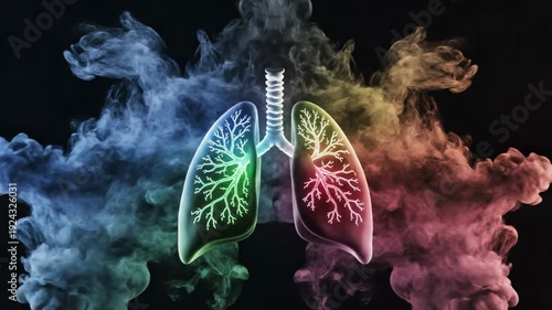 Human Lungs and Trachea Immersed in Evolving Colorful Smoke and Light Flare