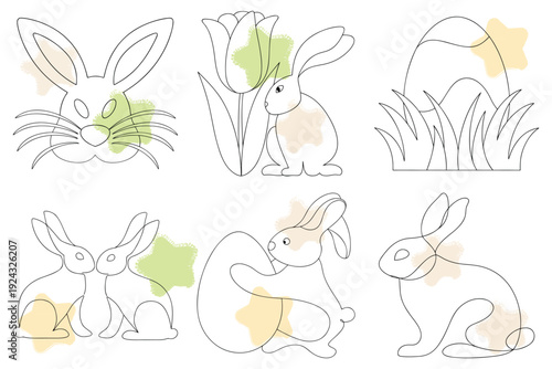 Charming Easter Bunny and Spring Floral Illustrations with Delicate Strokes - Perfect for Seasonal Designs and Holiday Greetings