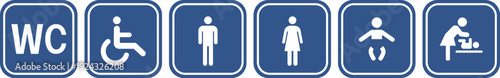 Public place signs. Public restroom symbols, WC. Toilet Room signs. Person with disabilities and physical injury symbol.