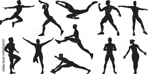 Silhouette athletes jumping dynamic motion black white