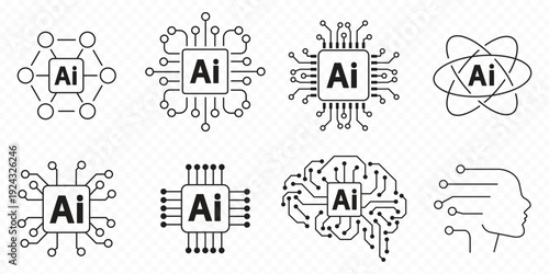 Black line art icons featuring a glowing star burst and artificial intelligence processor chips representing innovation smart technology and digital transformation