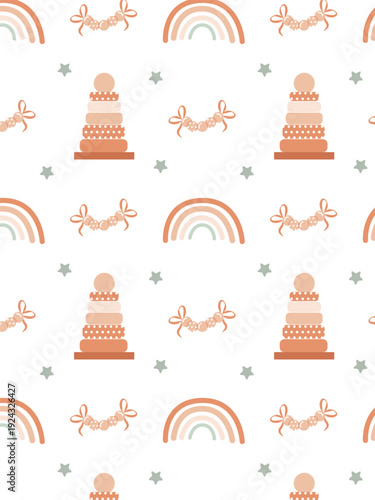 Pink children's pattern with cute children's toys - pyramid, rainbow, rattle