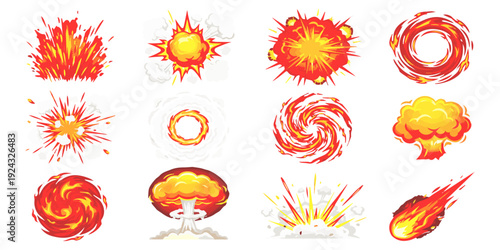 Collection of stylized explosion and fire burst comic book style illustrations with vibrant red and yellow colors on white background