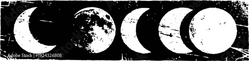 Lunar phases illustration in black and white showing moon cycle from crescent to full moon and back