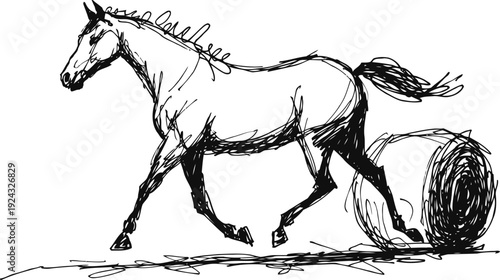 black and white sketch of a horse walking beside a round hay bale with dynamic hand drawn lines