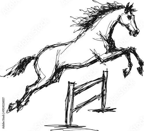 Dynamic sketch of a horse jumping over an obstacle, showing movement and equestrian sport energy