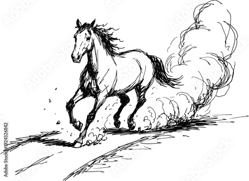 Running horse sketch illustration with flowing mane and dust cloud behind movement