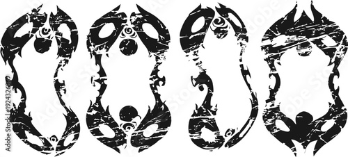 Vintage grunge footprints set, black paint marks on white background, distressed texture pattern